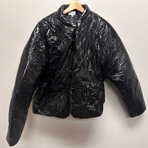 Club Paradise Black Shiny‎ Puffer Jacket Womens Medium Nylon Open Coat NWT
